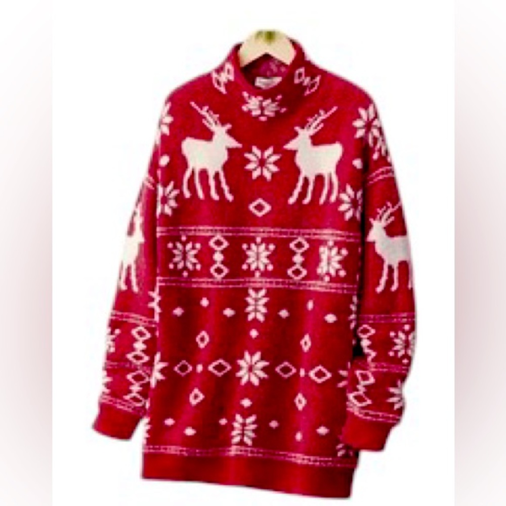Coldwater Creek Red Reindeer Turtleneck Sweater with White Motif